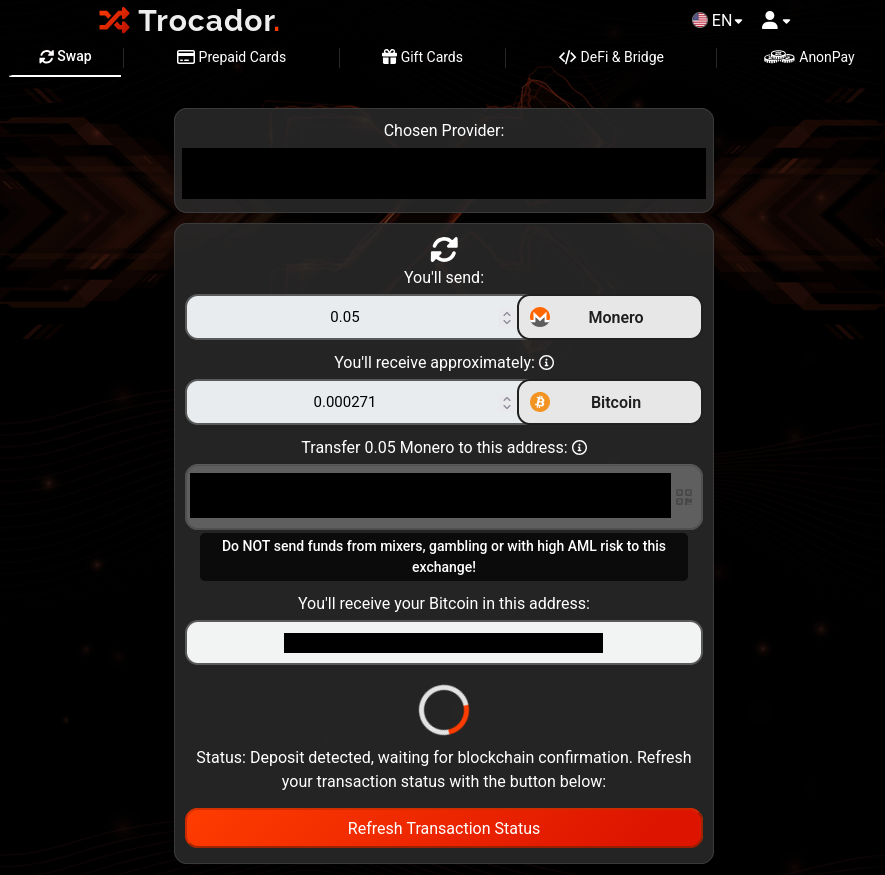 Trocador-Swap wartet auf Blockchain-Bestätigung