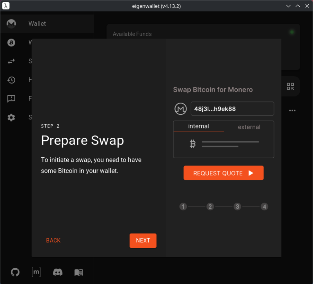 Prepare-Swap-Bildschirm: Bitcoin gegen Monero tauschen, internes oder externes Guthaben wählen