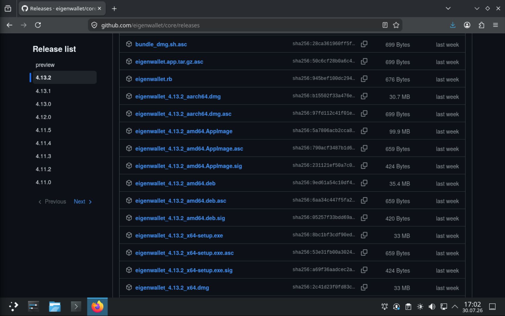 Release-Seite von eigenwallet auf GitHub mit den herunterladbaren Dateien