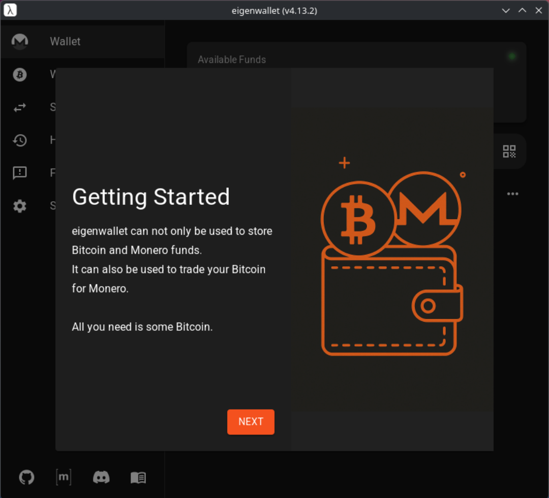 Getting-Started-Bildschirm von eigenwallet
