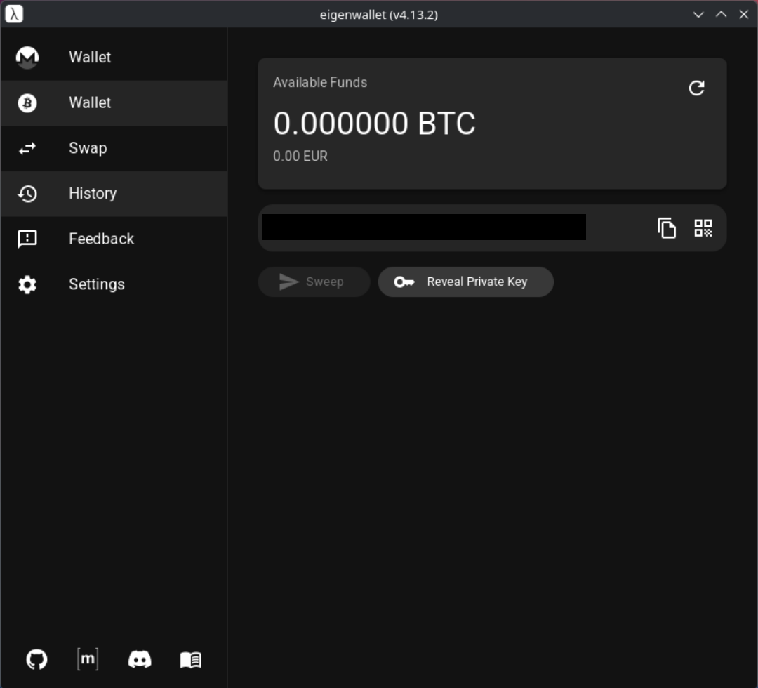 Bitcoin-Wallet in eigenwallet mit Adresse und Guthaben