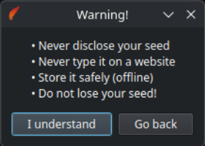 Warnhinweis zur Seed-Phrase mit den Buttons I understand und Go back