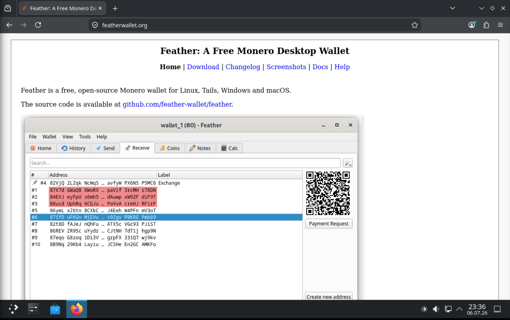 Startseite von featherwallet.org mit der Navigation zu Download