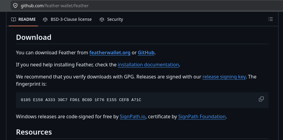 Feather-README auf GitHub mit dem offiziell veröffentlichten Fingerabdruck