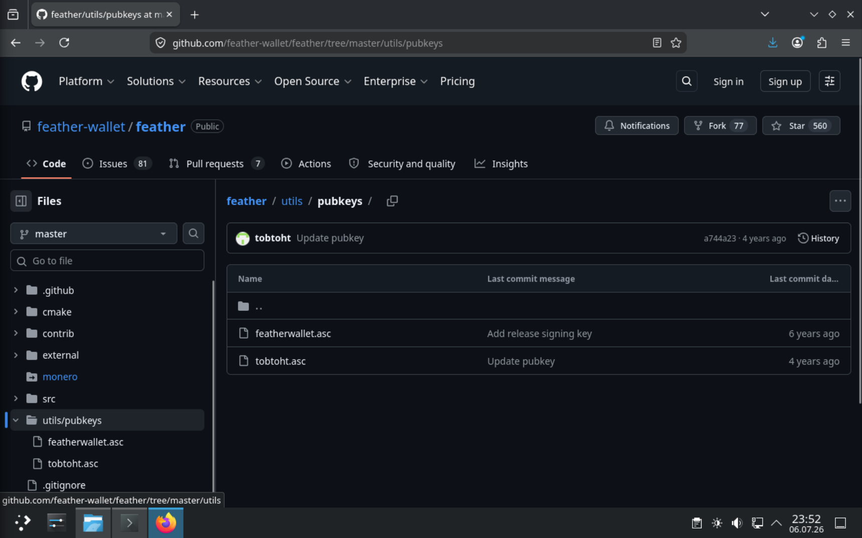 GitHub-Ordner utils/pubkeys mit der Datei featherwallet.asc