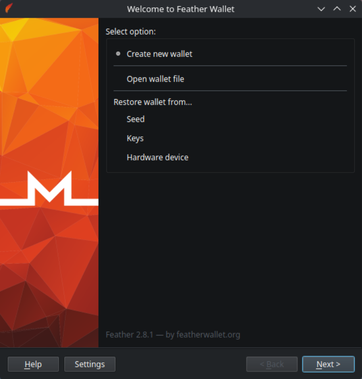 Assistent-Fenster mit den Optionen Create new wallet und Restore wallet from