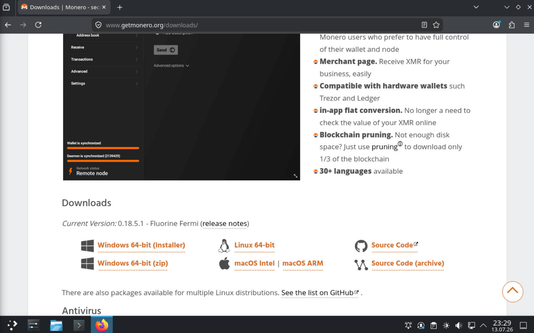 Downloadseite von getmonero.org mit der aktuellen Version 0.18.5.1
