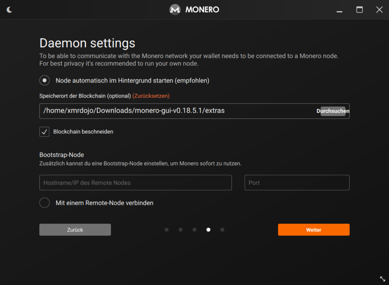 Daemon settings mit aktivierter Checkbox Blockchain beschneiden