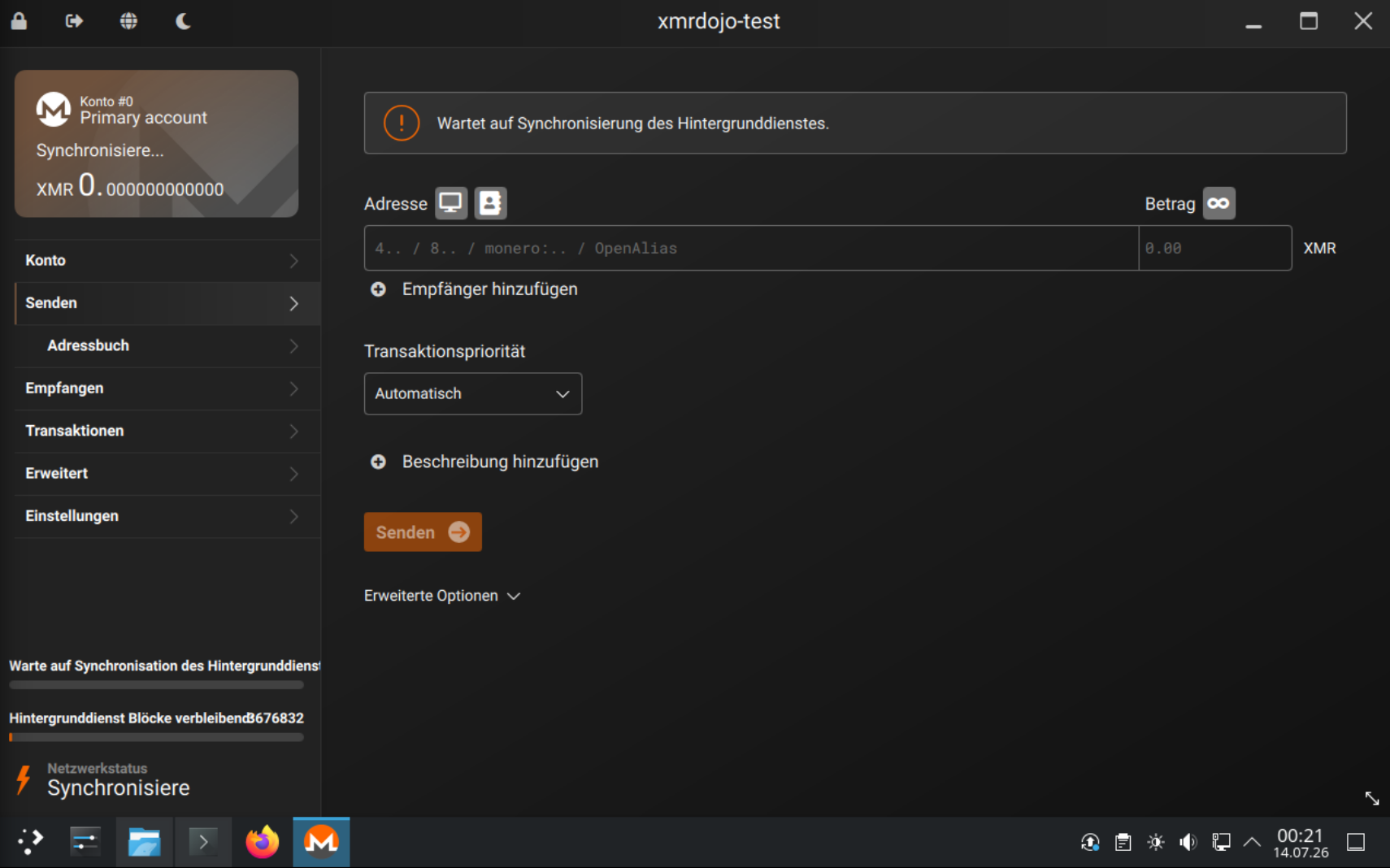 Wallet synchronisiert, Netzwerkstatus Synchronisiere und verbleibende Blöcke